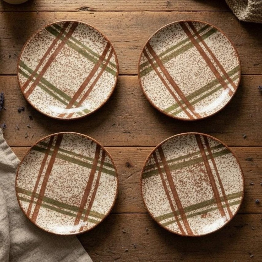 Blue Ridge Pottery Rustic Plaid Skyline Saucer, Set of 4 Replacement Dinnereware